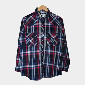 Coevals Club Mens Medium Plaid Pearl Snap Long Sleeve Western Shirt Navy Red